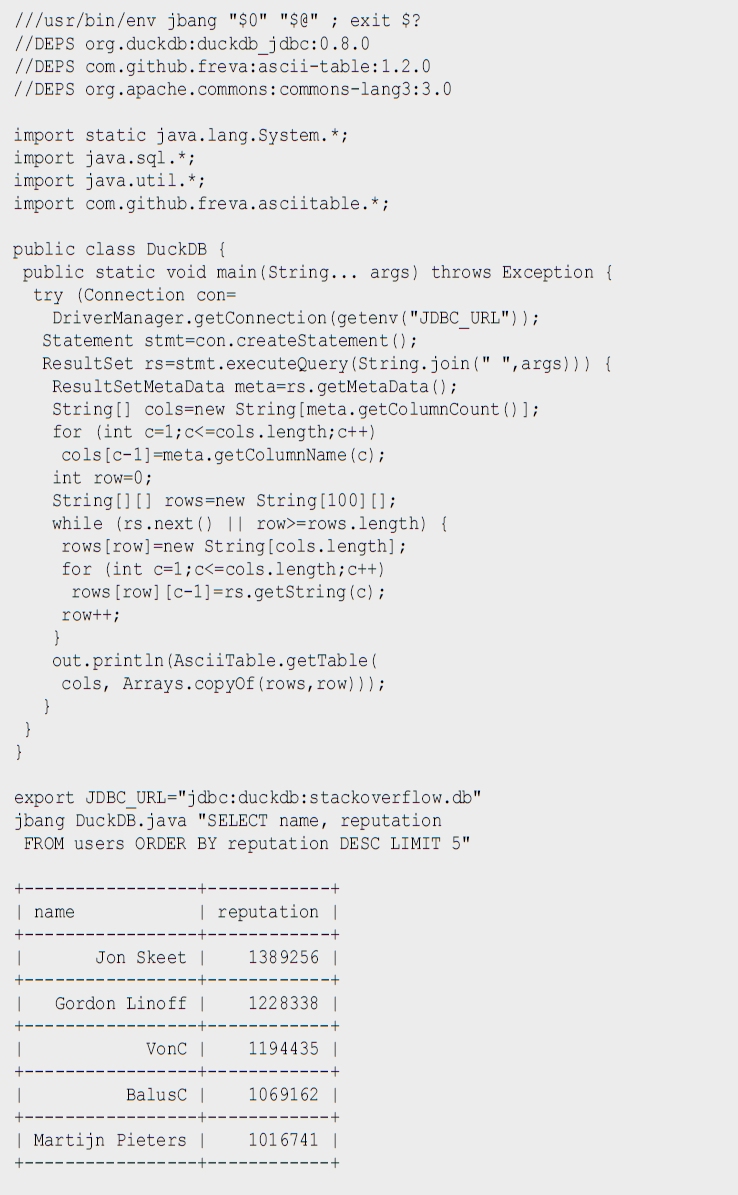 Listing 9 Nutzung von Java mittels JDBC und JBang_